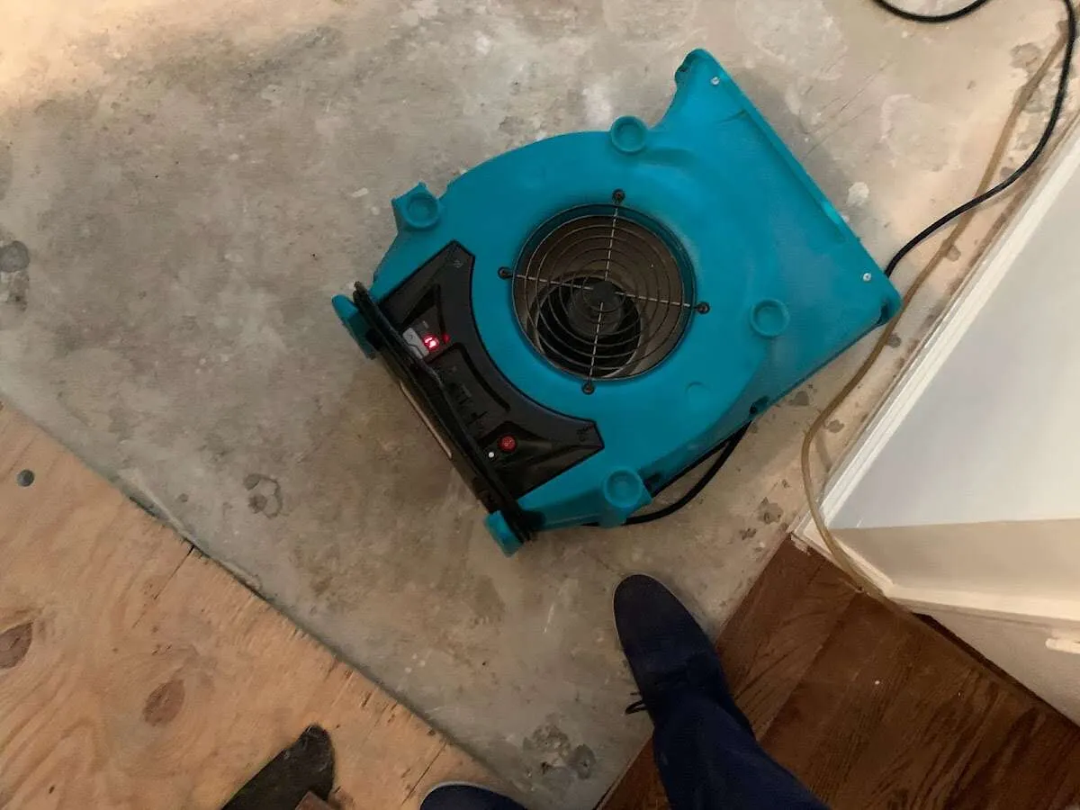Air mover drying subfloor during Leak Detection & Repair in Springboro